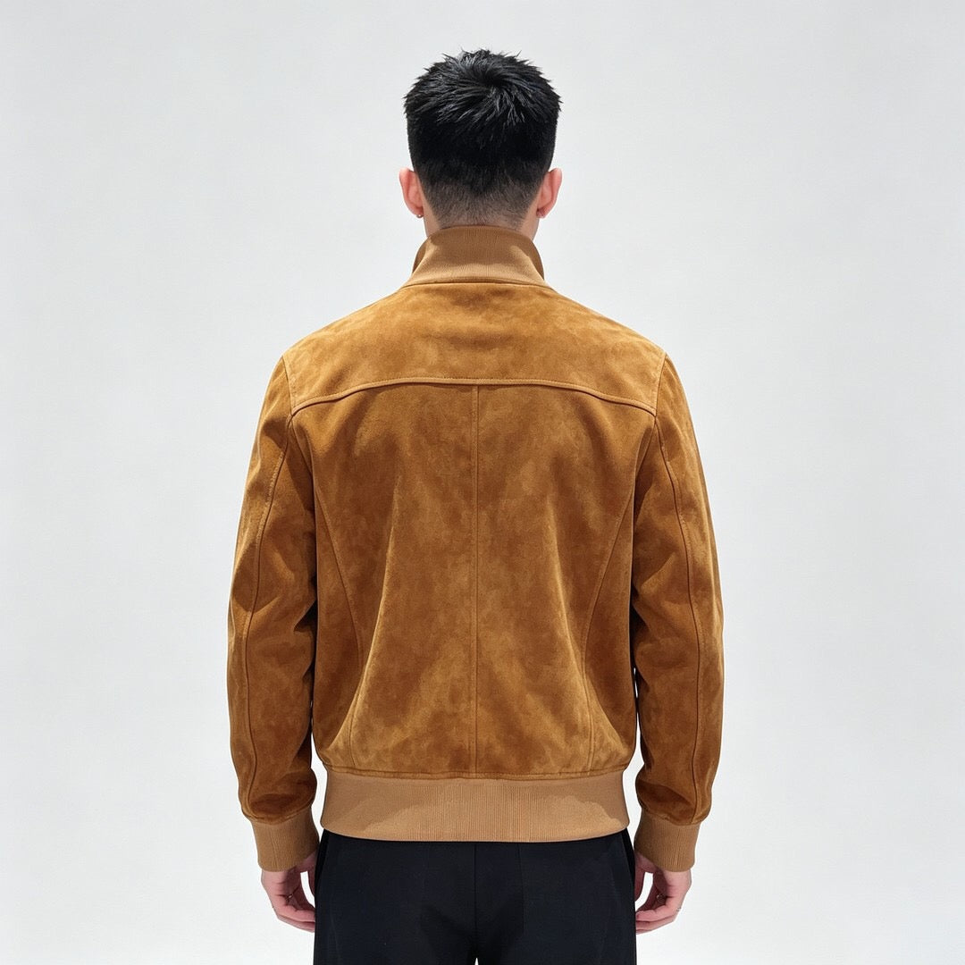 Mens's Suede Leather Zip-Up Bomber Jacket In Tan & Dark Brown