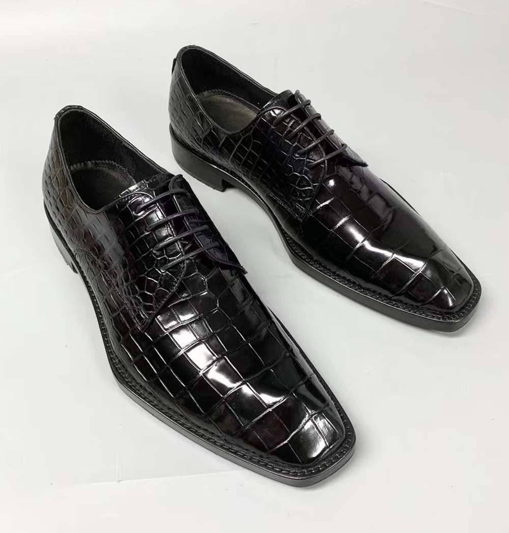 Crocodile Shoes Men's Crocodile Leather Lace-up Dress Shoes Square Toe Black Business Mens Shoes Free Shipping Size38-44