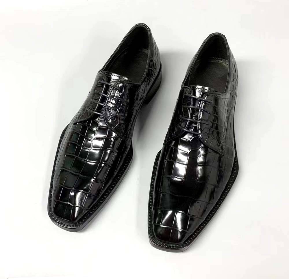 Crocodile Shoes Men's Crocodile Leather Lace-up Dress Shoes Square Toe Black Business Mens Shoes Free Shipping Size38-44