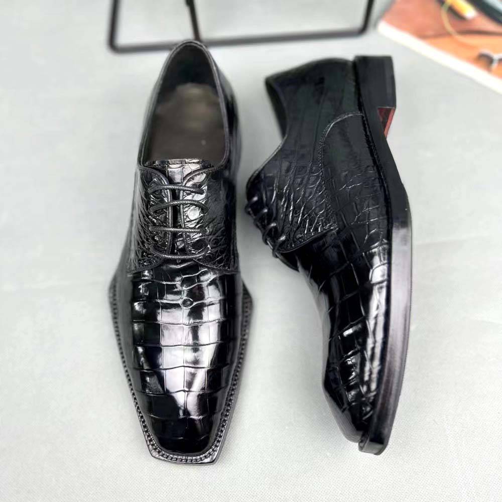 Crocodile Shoes Men's Crocodile Leather Lace-up Dress Shoes Square Toe Black Business Mens Shoes Free Shipping Size38-44