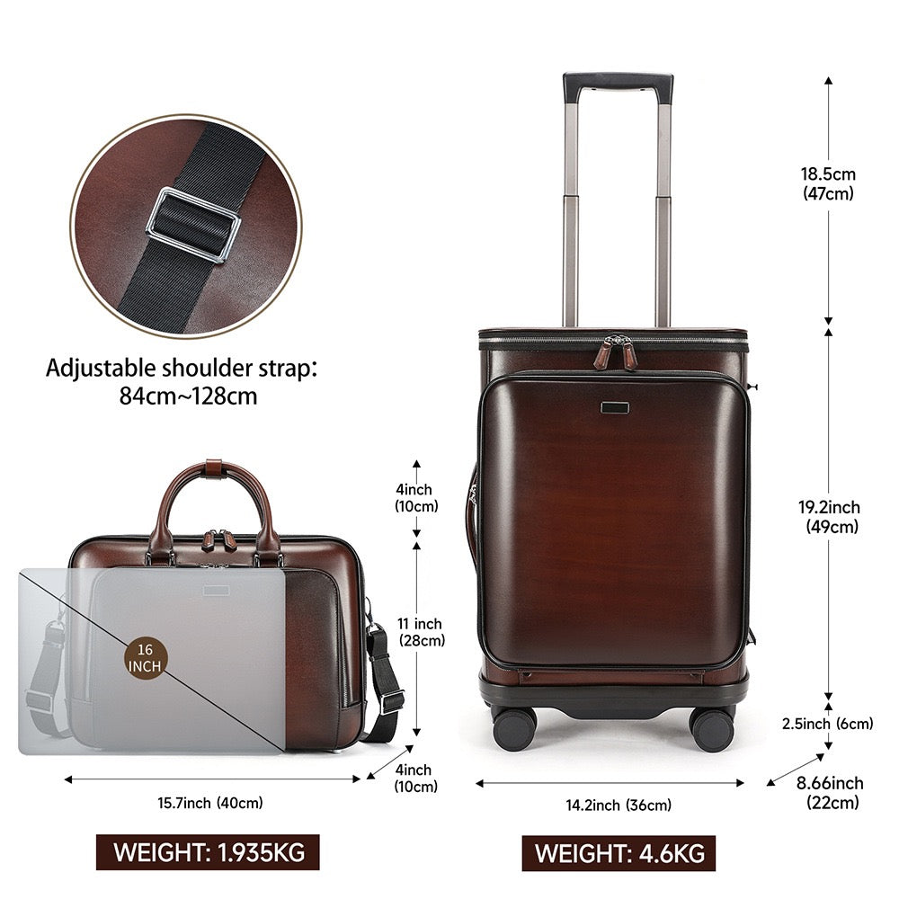 Unisex Genuine Vintage Vegetable Leather Check-In Carry On Universal Wheel 20 Inch Travelling Trolley Luggage Business Trolley Bag With Briefcase