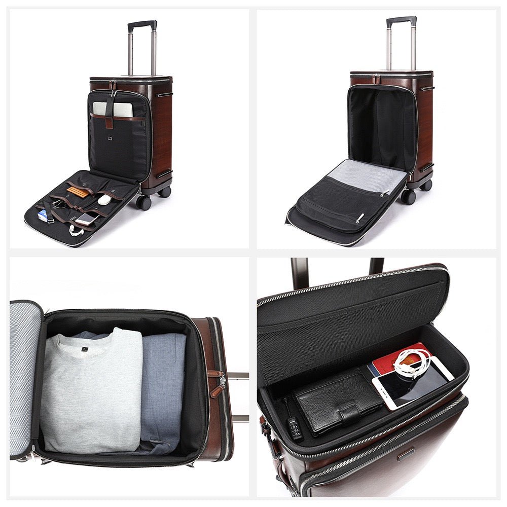 Unisex Vintage Genuine Calfskin Leather Check-In Carry On Universal Wheel 20 Inch Travelling Trolley Luggage Business Trolley Bag With Briefcase