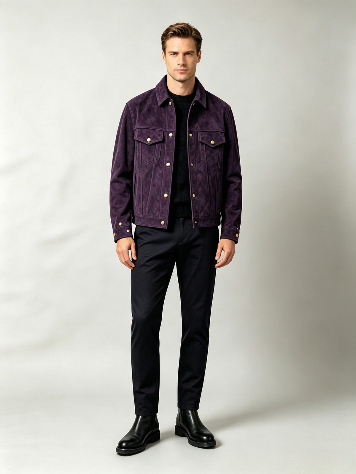 Mens's Suede Leather Tracker Jacket In Deep Purple