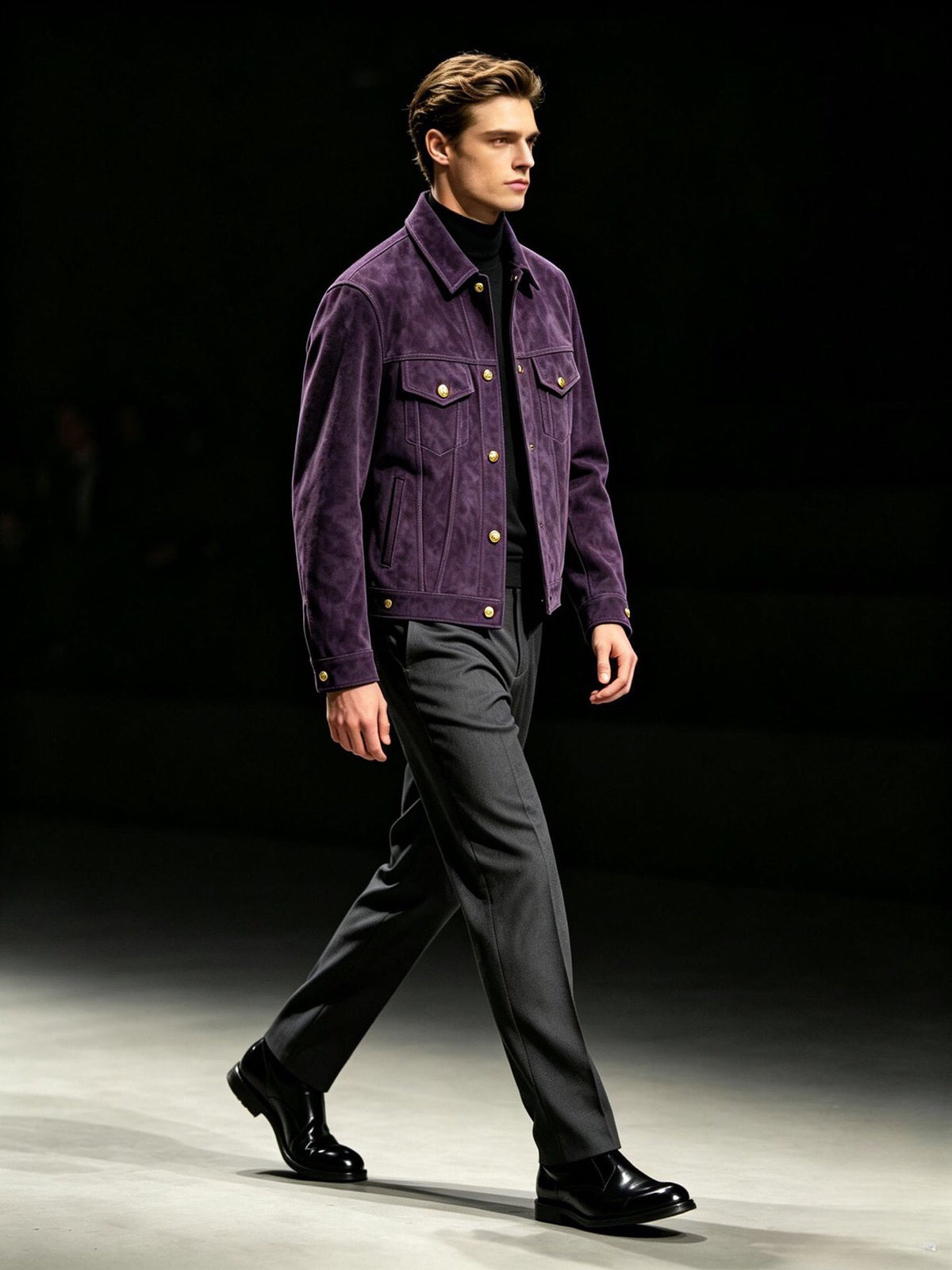 Mens's Suede Leather Tracker Jacket In Deep Purple