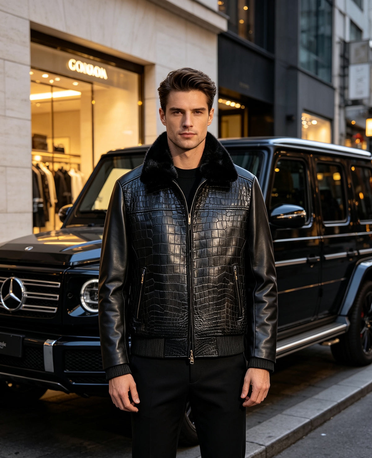 Crocodile & Lambskin Leather Jacket Black