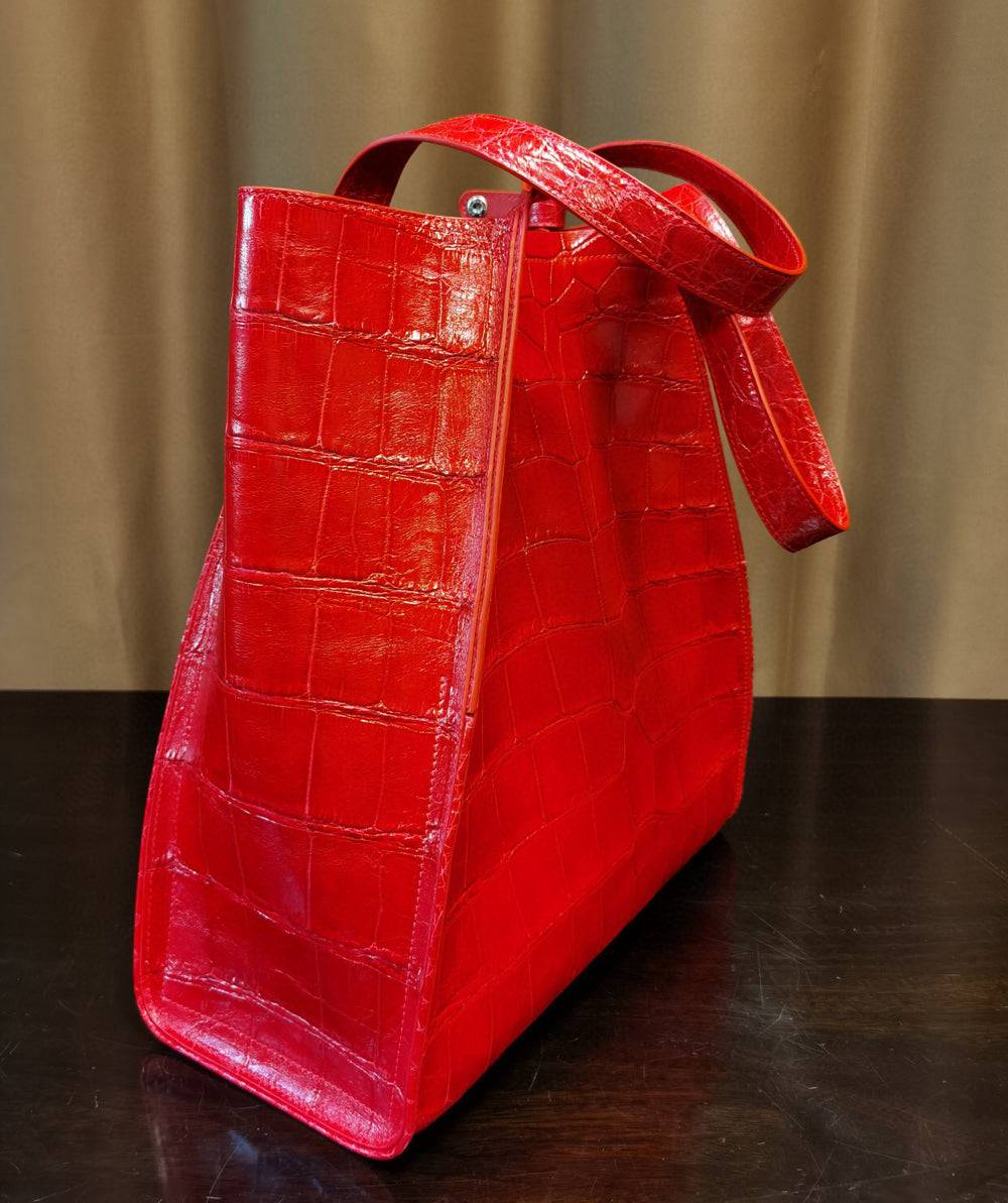 Large crocodile leather shopper tote bag by Rossie Viren, featuring a spacious design and elegant crocodile texture.