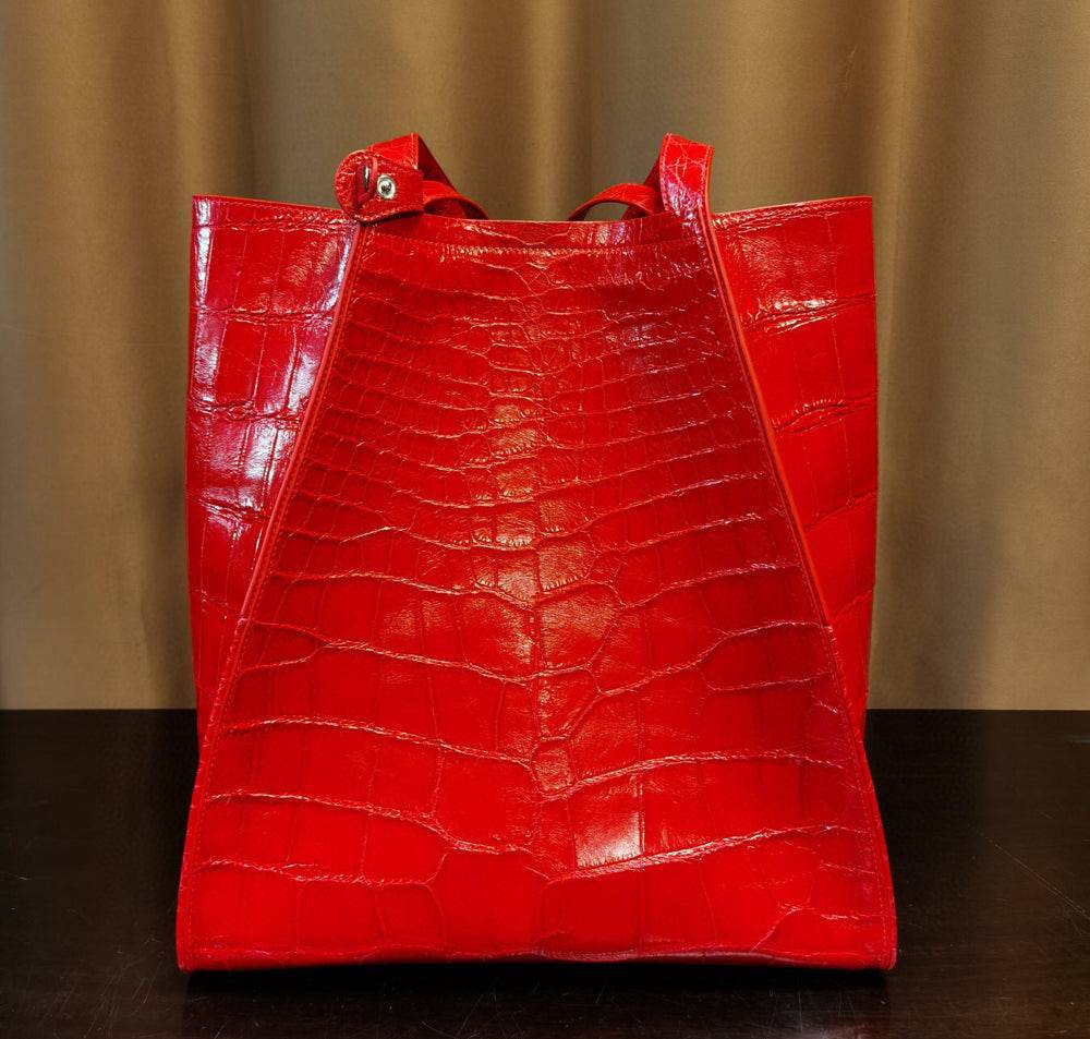 Large crocodile leather shopper tote bag by Rossie Viren, featuring a spacious design with sturdy handles and textured crocodile pattern.