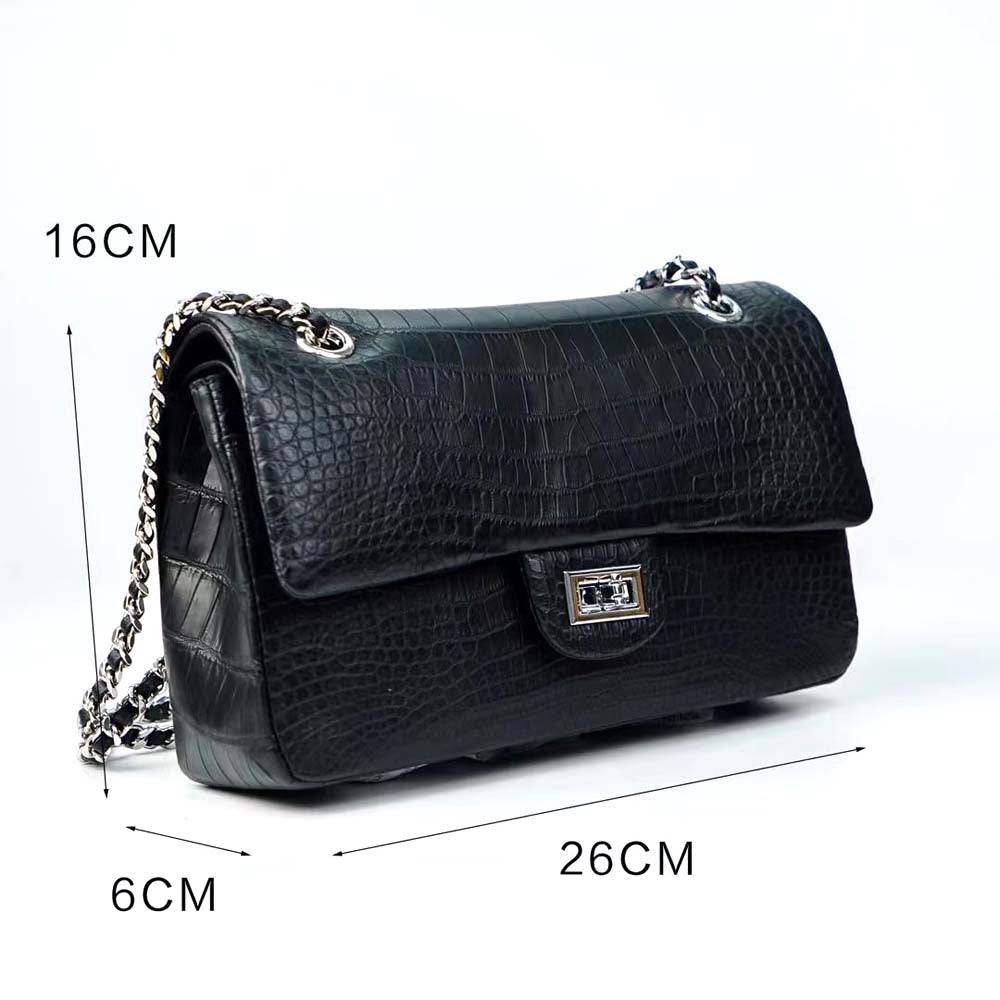 Crocodile leather double flap chain shoulder handbag by Rossie Viren showing textured crocodile pattern and gold-tone chain strap.
