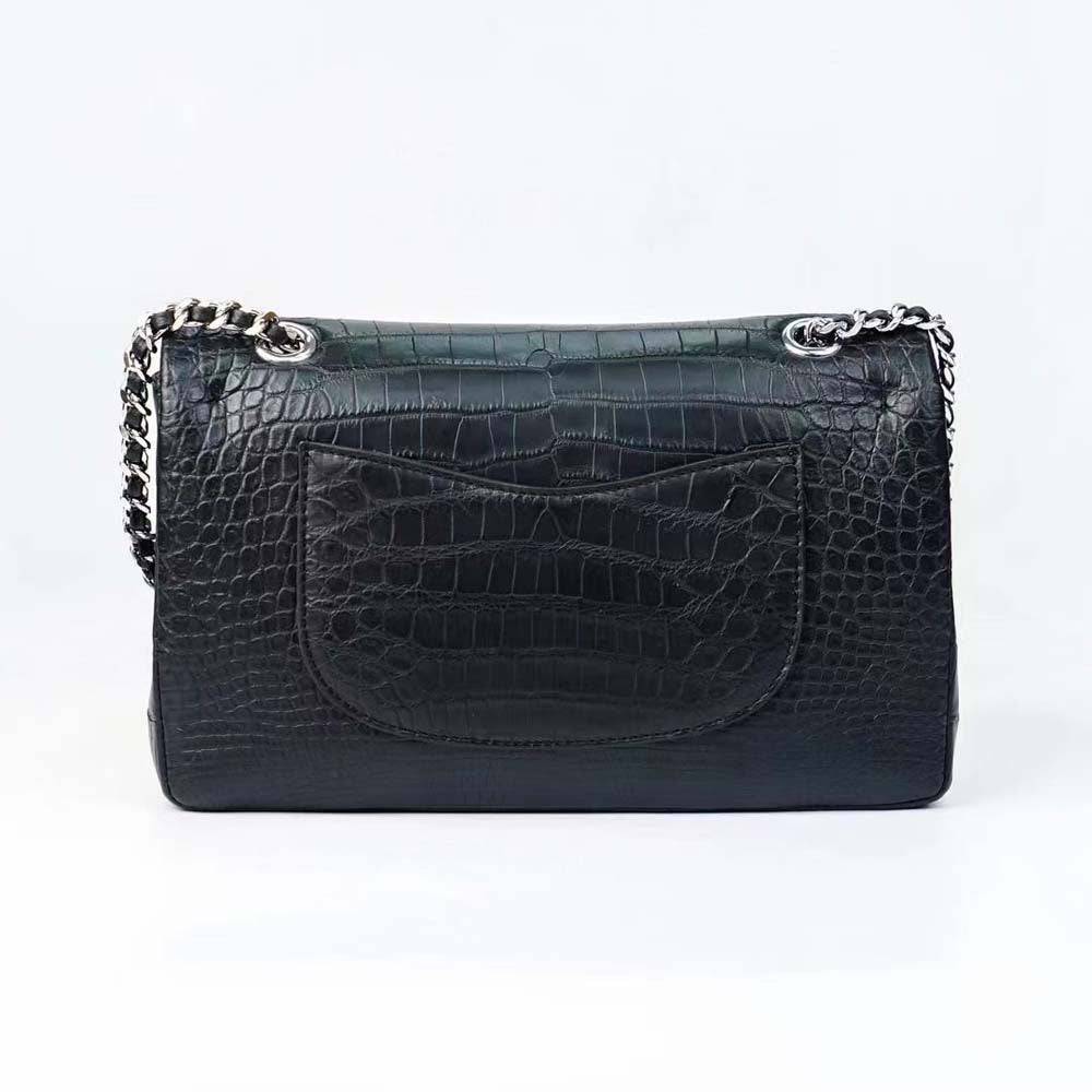 Crocodile leather double flap chain shoulder handbag by Rossie Viren with gold-tone chain and sleek design.