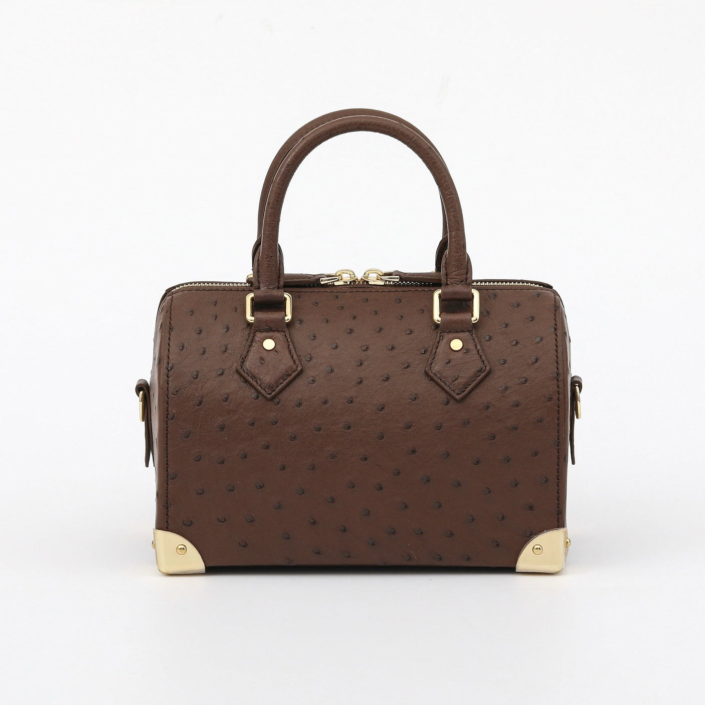 Women's genuine ostrich skin leather top handle pillow handbag by Rossie Viren, featuring a sleek and textured design.