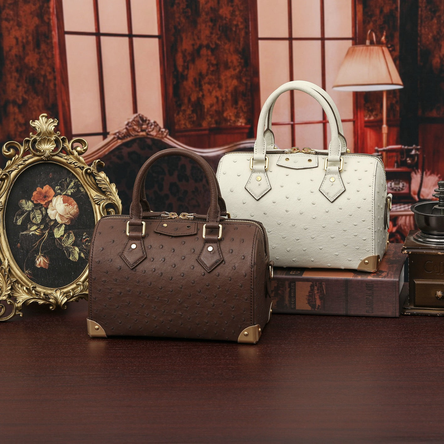 Women's genuine ostrich skin leather top handle pillow bag by Rossie Viren, featuring a sleek handbag design with textured leather.