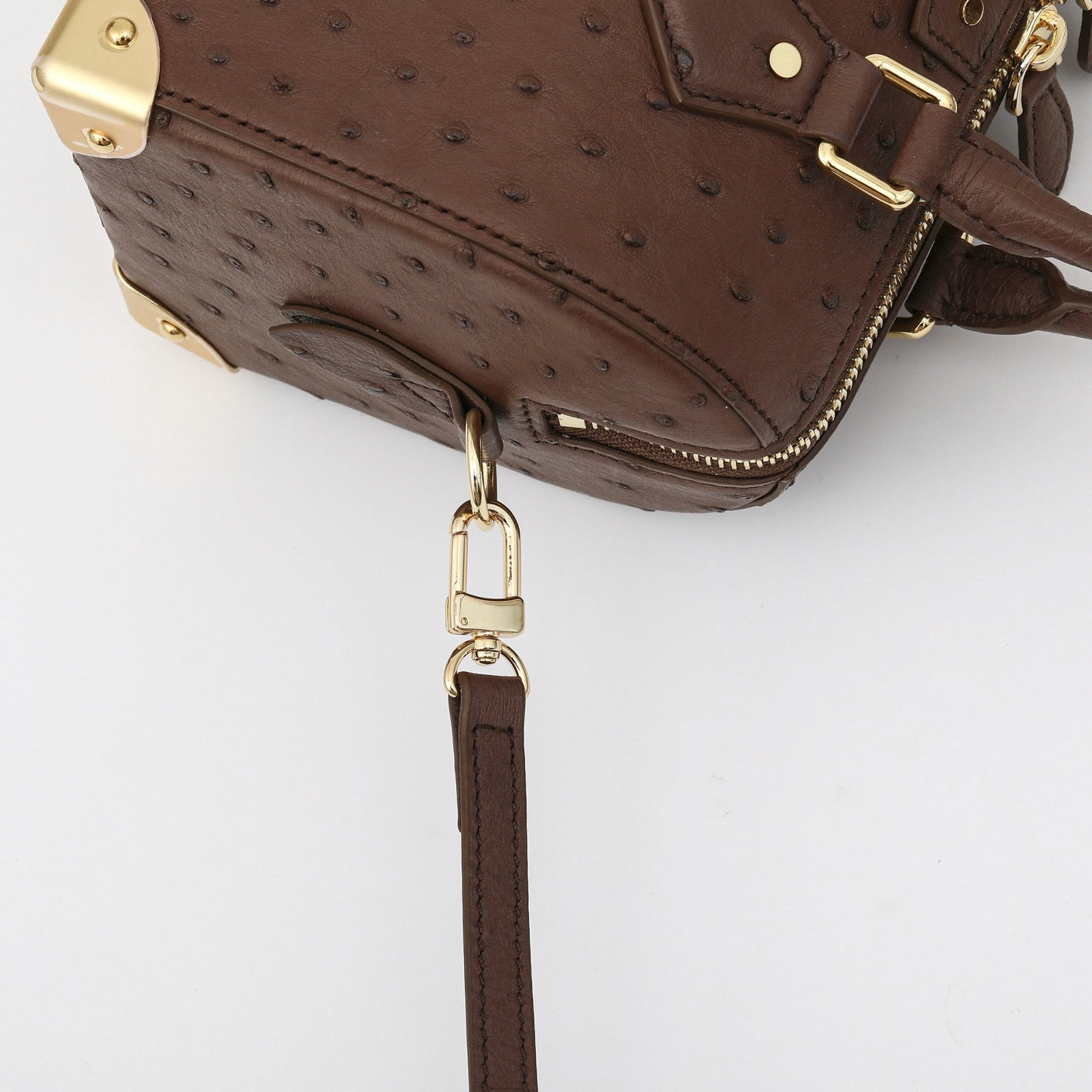 Rossie Viren women's genuine ostrich skin leather top handle pillow handbag with sleek design and textured surface.