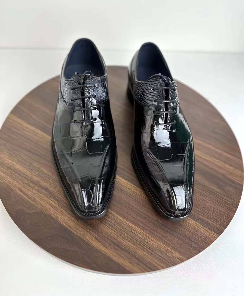 Rossie Viren men's crocodile leather dress shoes in vintage wine red with lace-up design, perfect for business and formal wear.