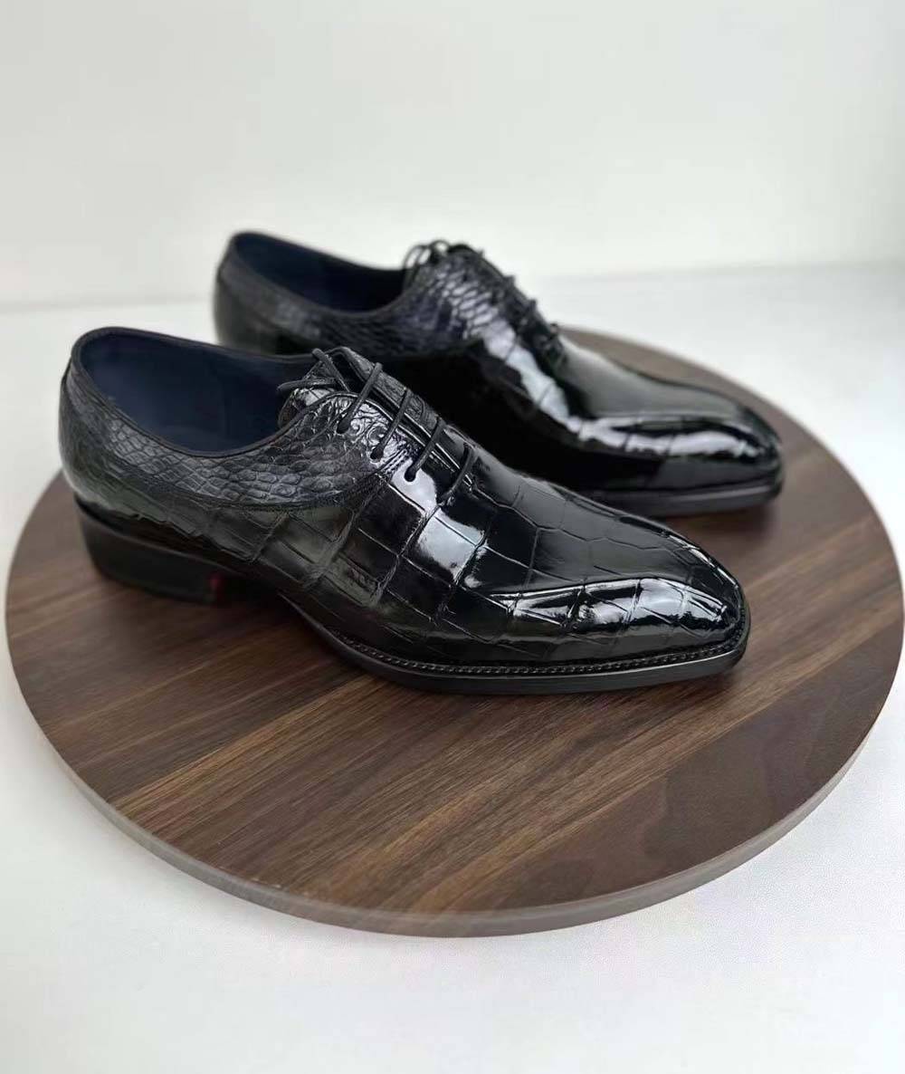 Rossie Viren men's vintage wine red crocodile leather dress shoes with lace-up design, stylish for business and formal wear.