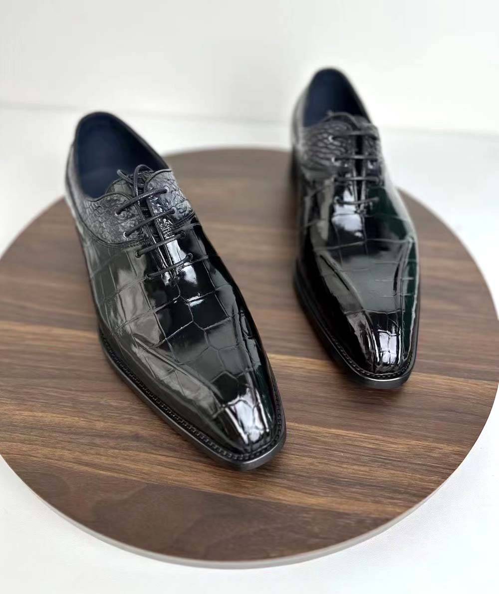 Rossie Viren men's vintage wine red crocodile leather dress shoes with lace-up design, stylish and elegant for business wear.