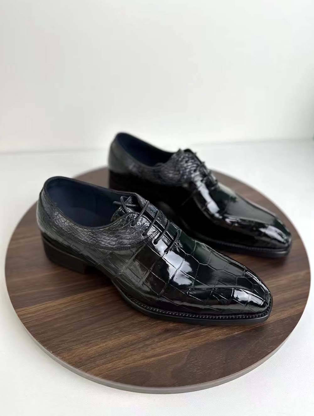 Men's vintage wine red crocodile leather dress shoes with lace-up closure by Rossie Viren, stylish business footwear.