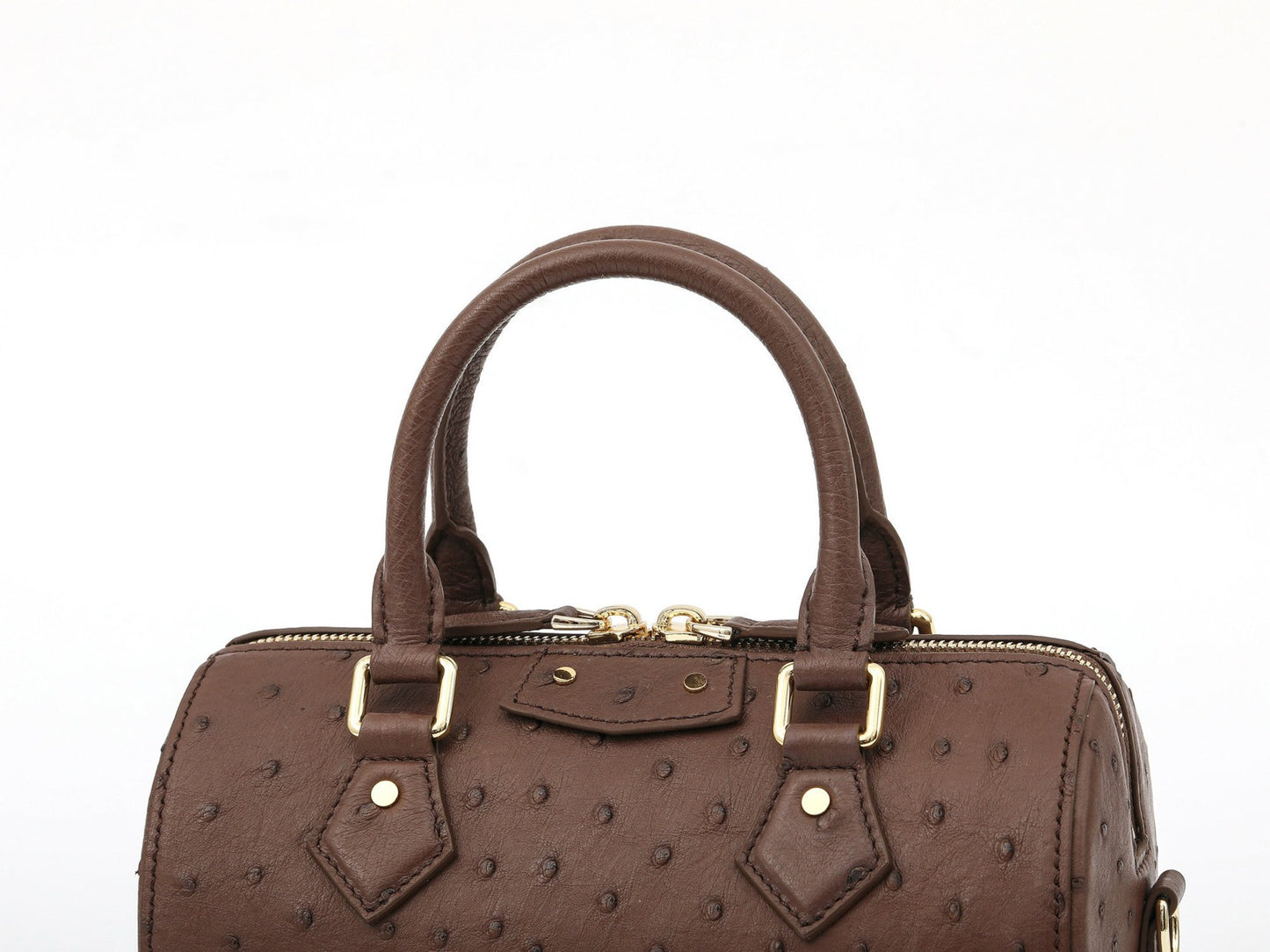 Rossie Viren women's genuine ostrich skin leather top handle pillow handbag with structured design and smooth texture.