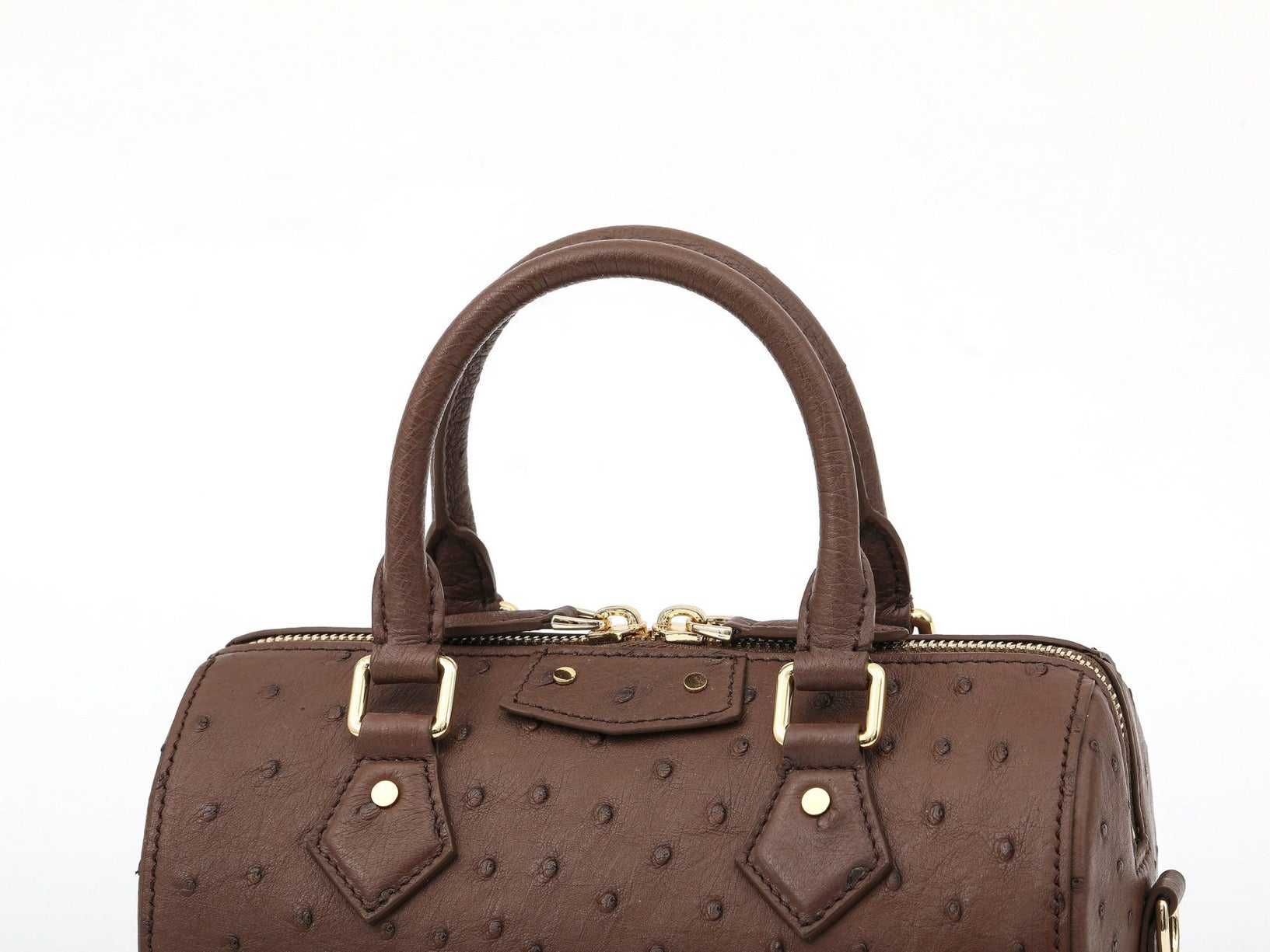 Rossie Viren women's genuine ostrich skin leather top handle pillow handbag with structured design and smooth texture.