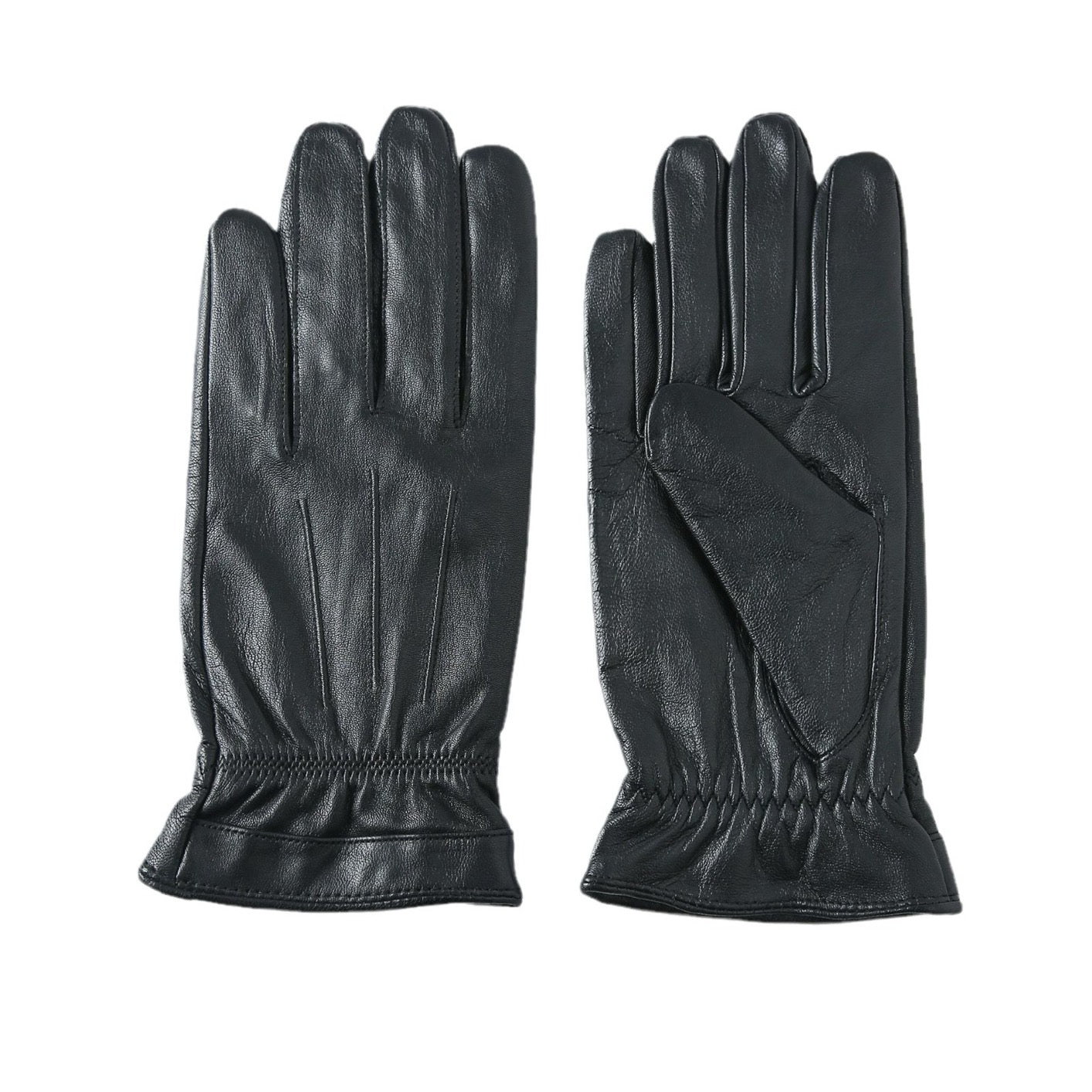 Black men's leather gloves from Rossie Viren, shown with a stylish handbag, highlighting sleek design and smooth leather texture.