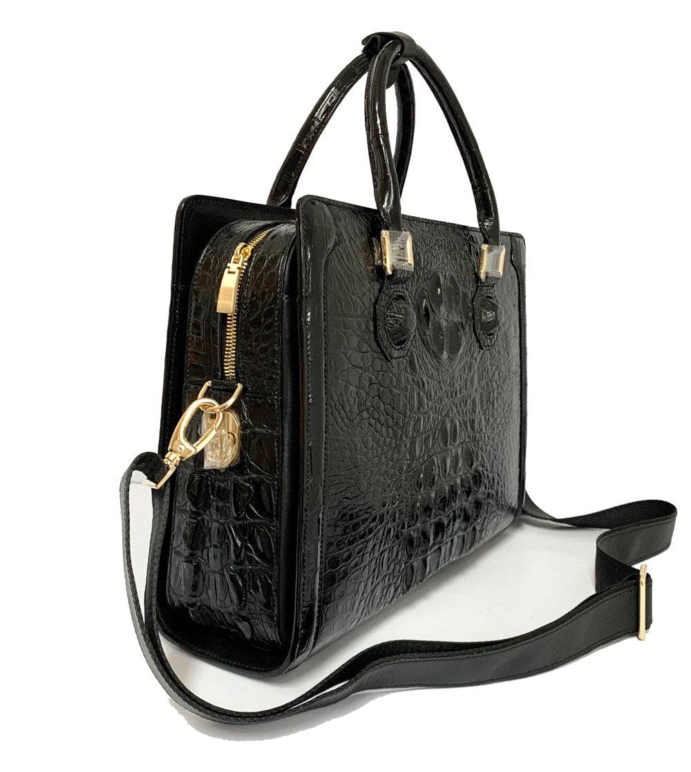 Rossie Viren crocodile skin leather briefcase featuring a sleek design and sturdy handle for business use.