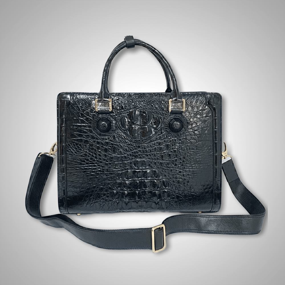Rossie Viren crocodile skin leather briefcase with bone accents, featuring a classic business bag design and sturdy handle.