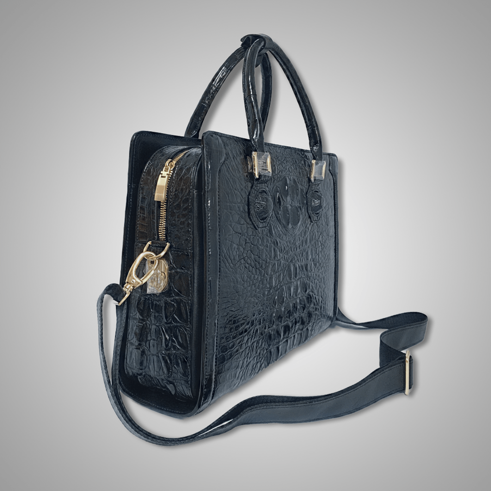 Rossie Viren crocodile skin leather briefcase with bone accents, featuring a sleek, professional design for business use.
