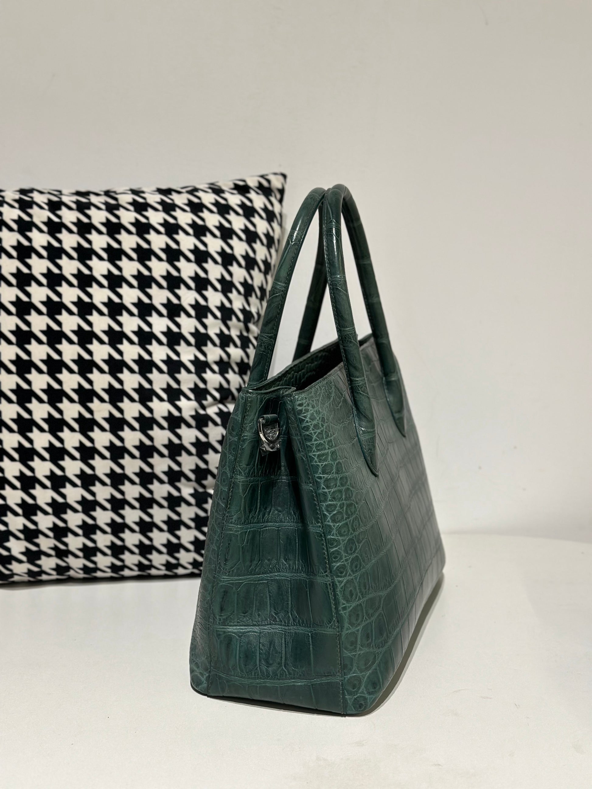Crocodile Leather Top Handle Bag Dark Green