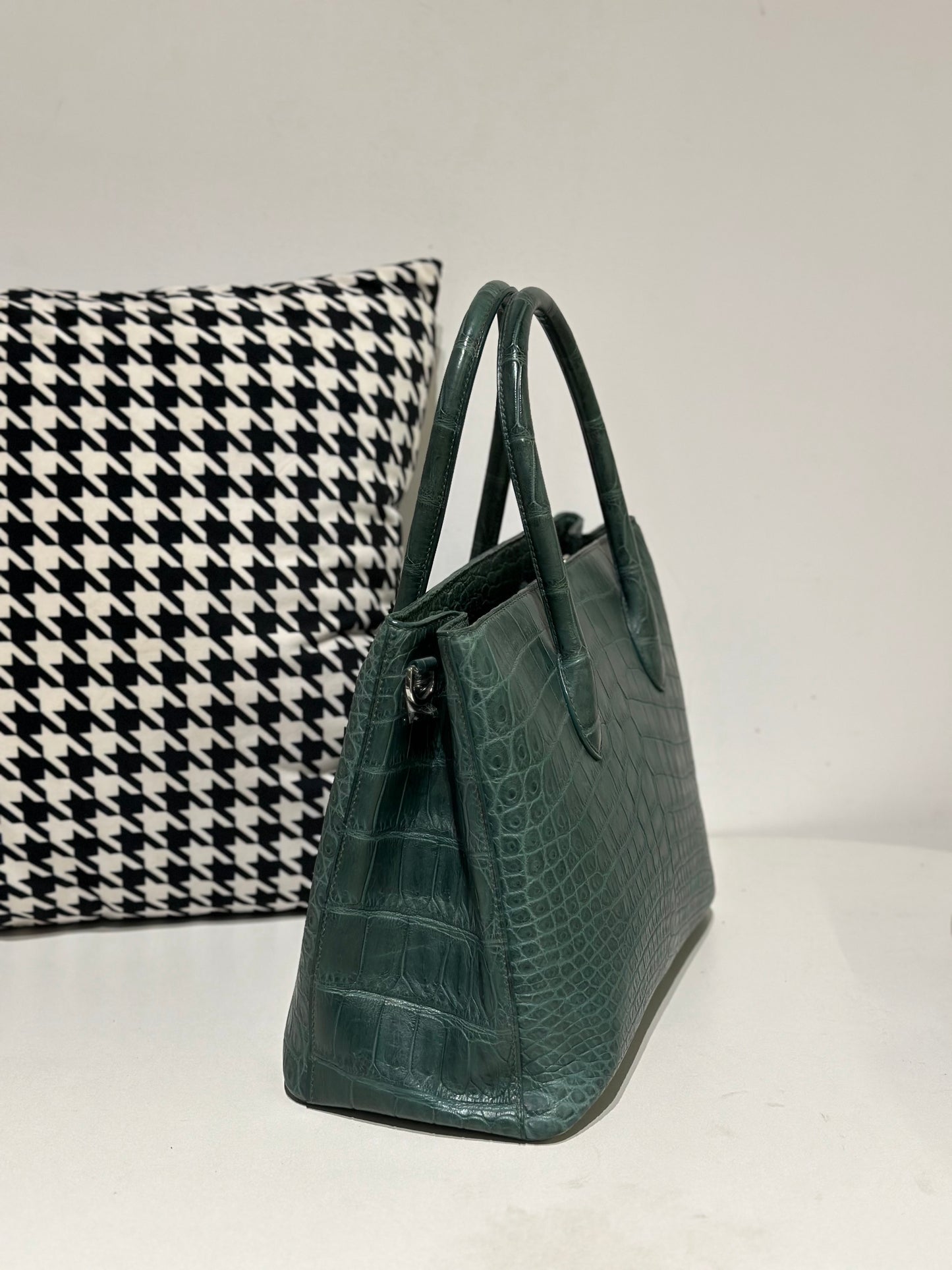 Crocodile Leather Top Handle Bag Dark Green