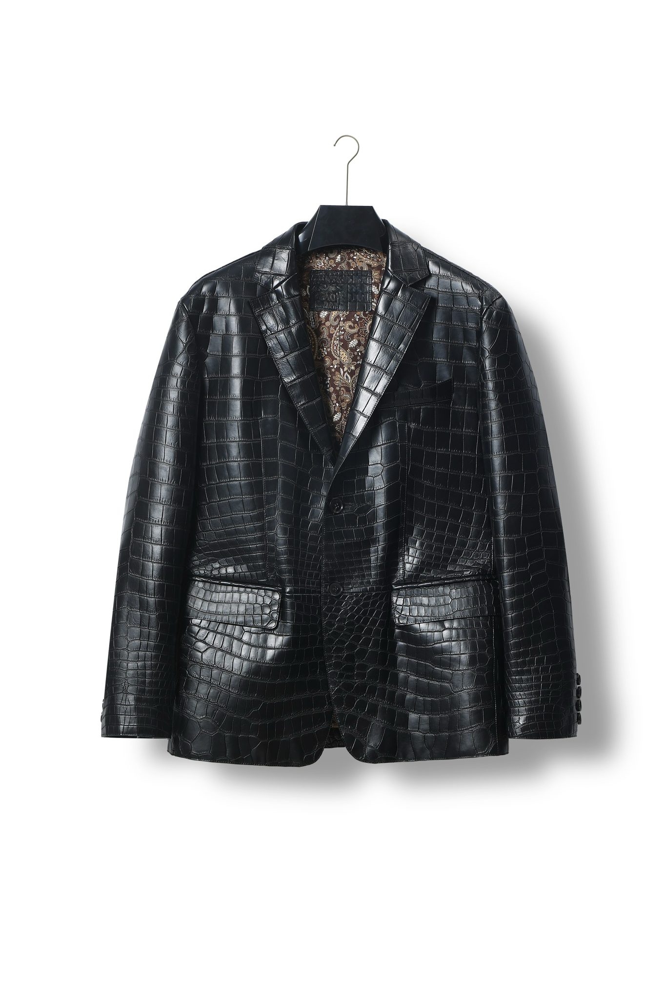 Men's crocodile leather blazer jacket by Rossie Viren, featuring a sleek design and textured crocodile pattern.