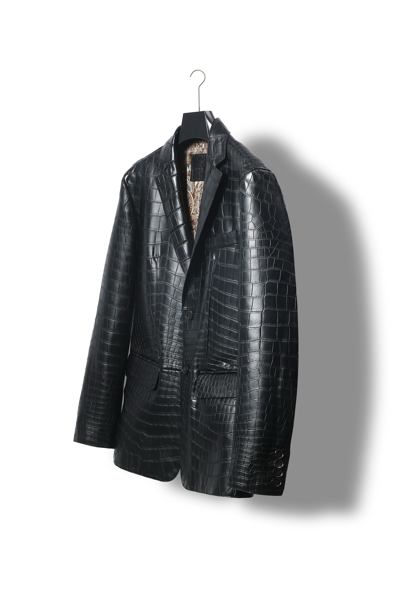 Men's crocodile leather blazer jacket by Rossie Viren, featuring a sleek design and textured crocodile pattern.