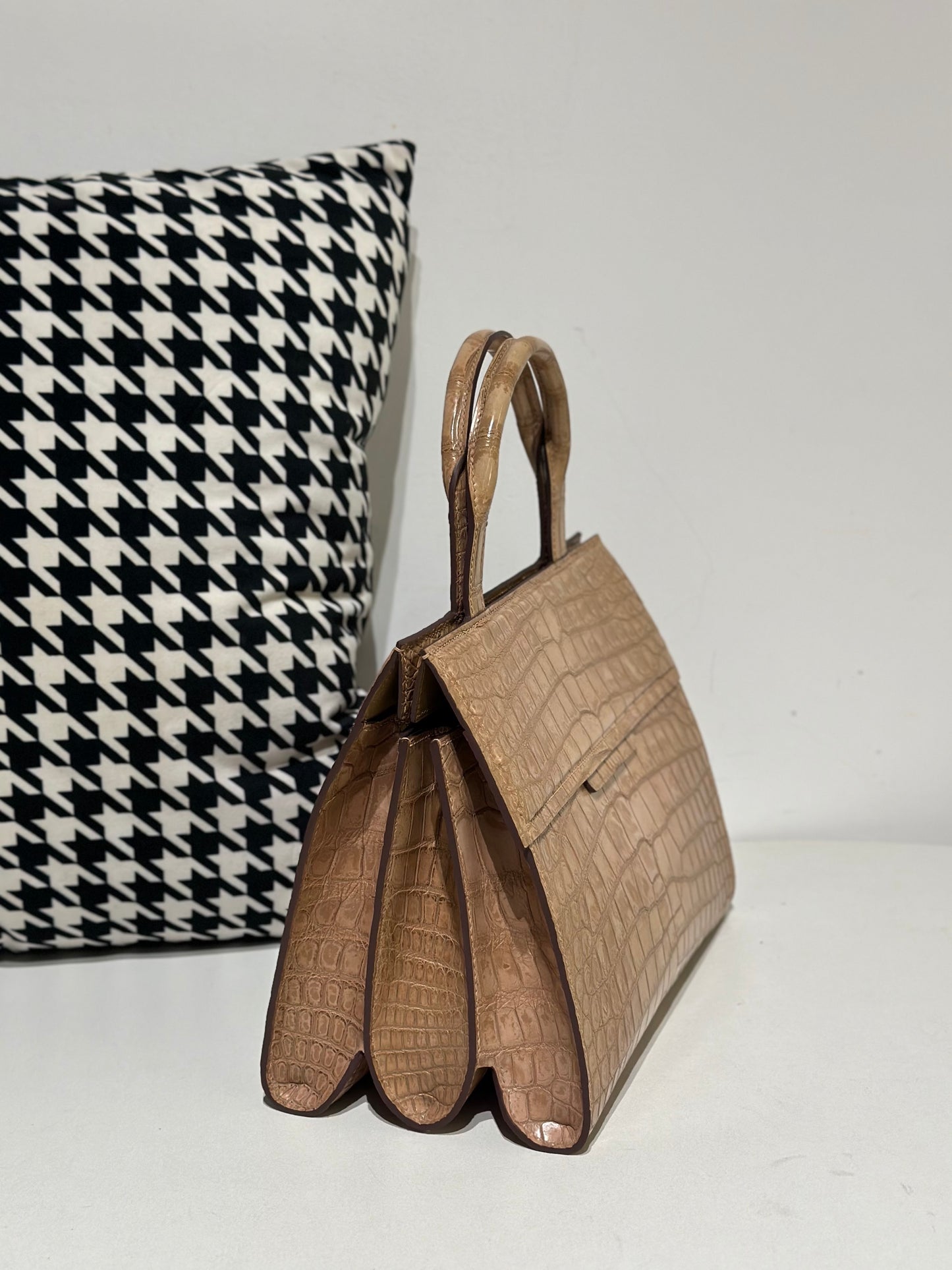 Crocodile Leather Top Handle Bag Beige