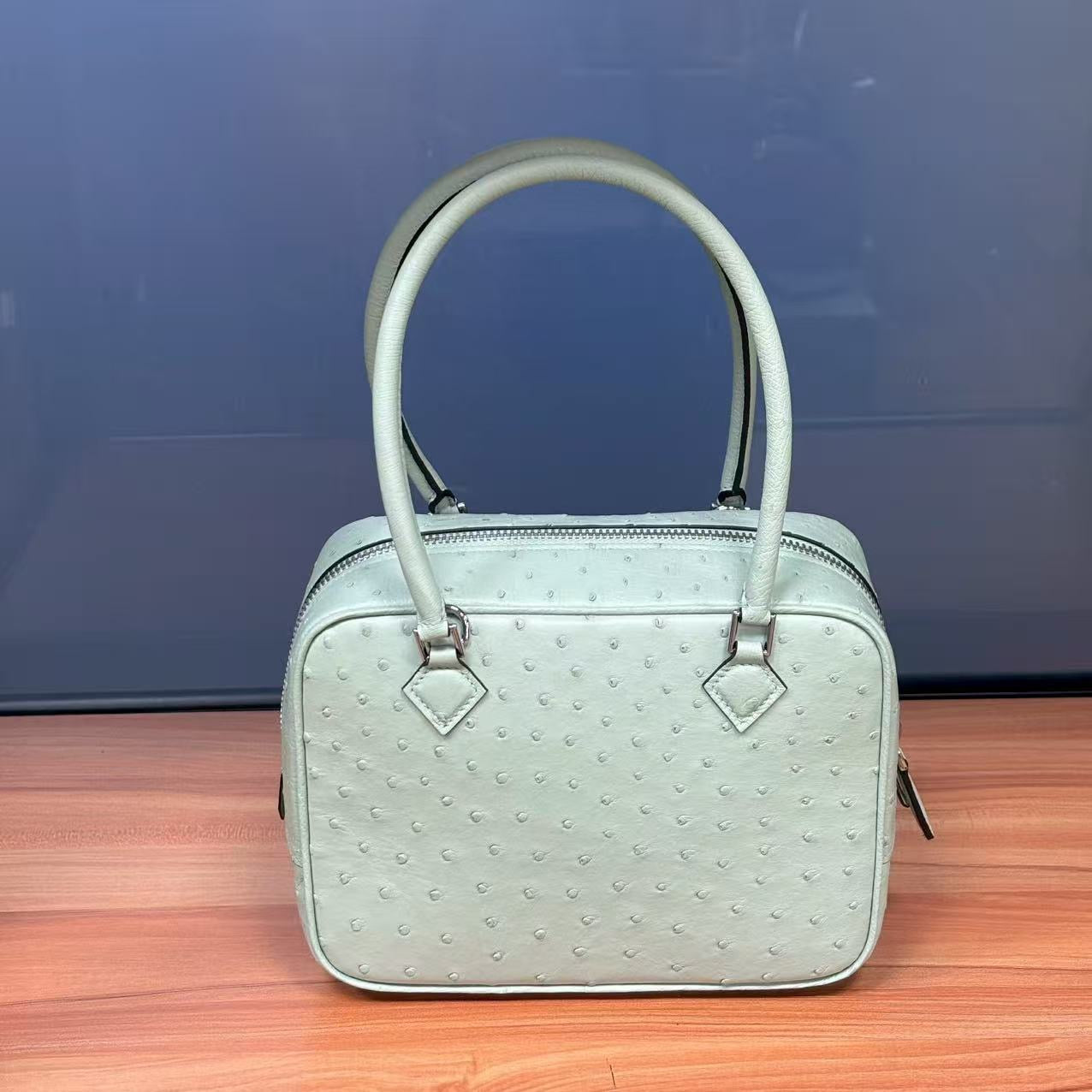 Women's genuine ostrich skin leather handbag with top handle by Rossie Viren, showcasing its textured leather and elegant design.