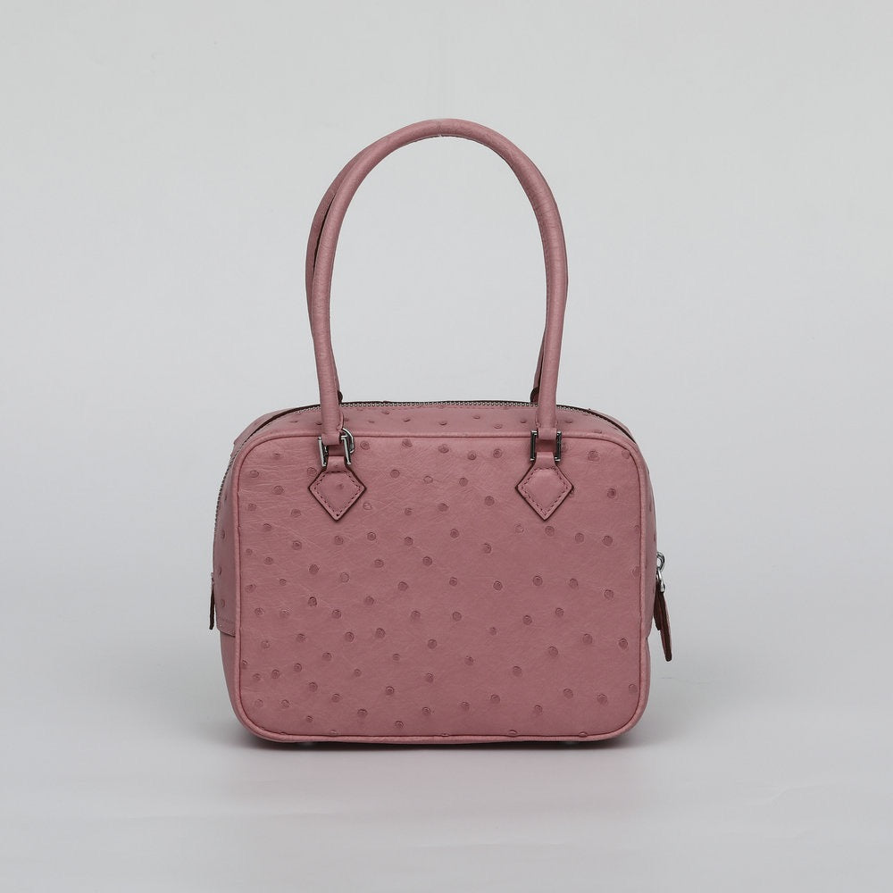 Women’s genuine ostrich skin leather handbag with top handle by Rossie Viren, featuring a sleek, textured design and elegant style.