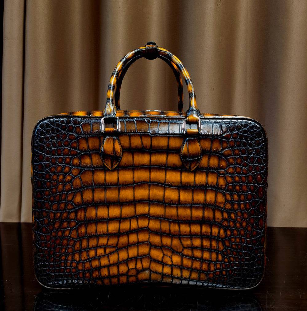 Unisex Vintage Brown Crocodile Leather Jumbo Size Briefcase