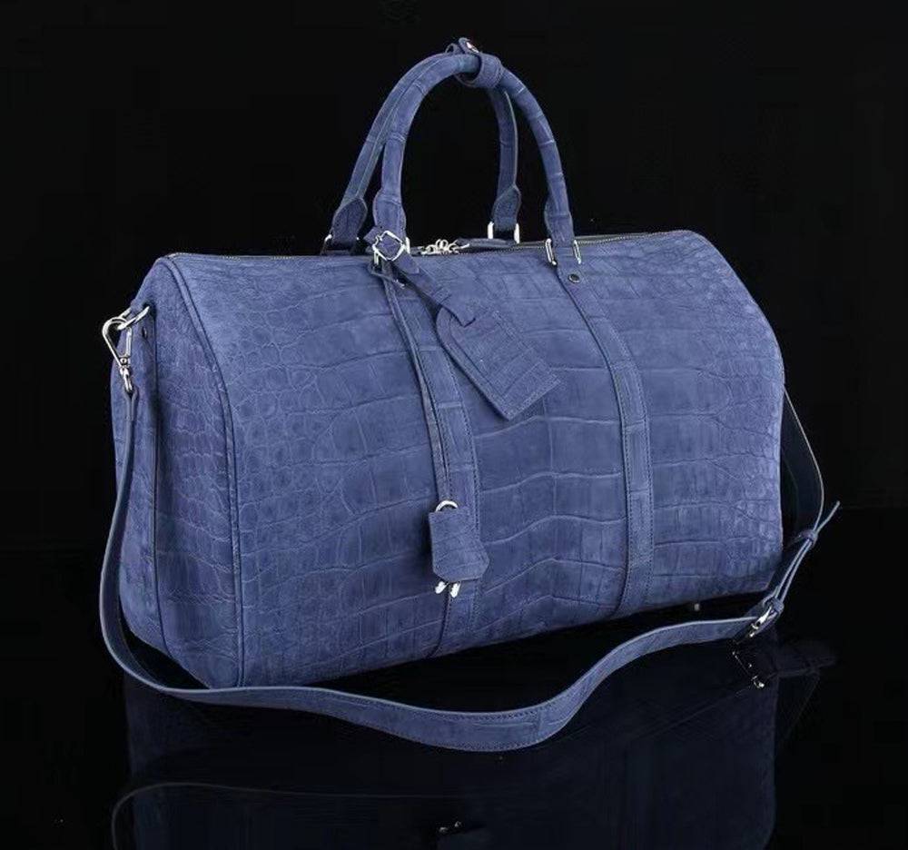 Men's Nubuck Crocodile Leather Large Travel Duffle Bag Dark Blue