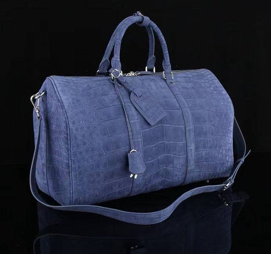 Men's Nubuck Crocodile Leather Large Travel Duffle Bag Dark Blue