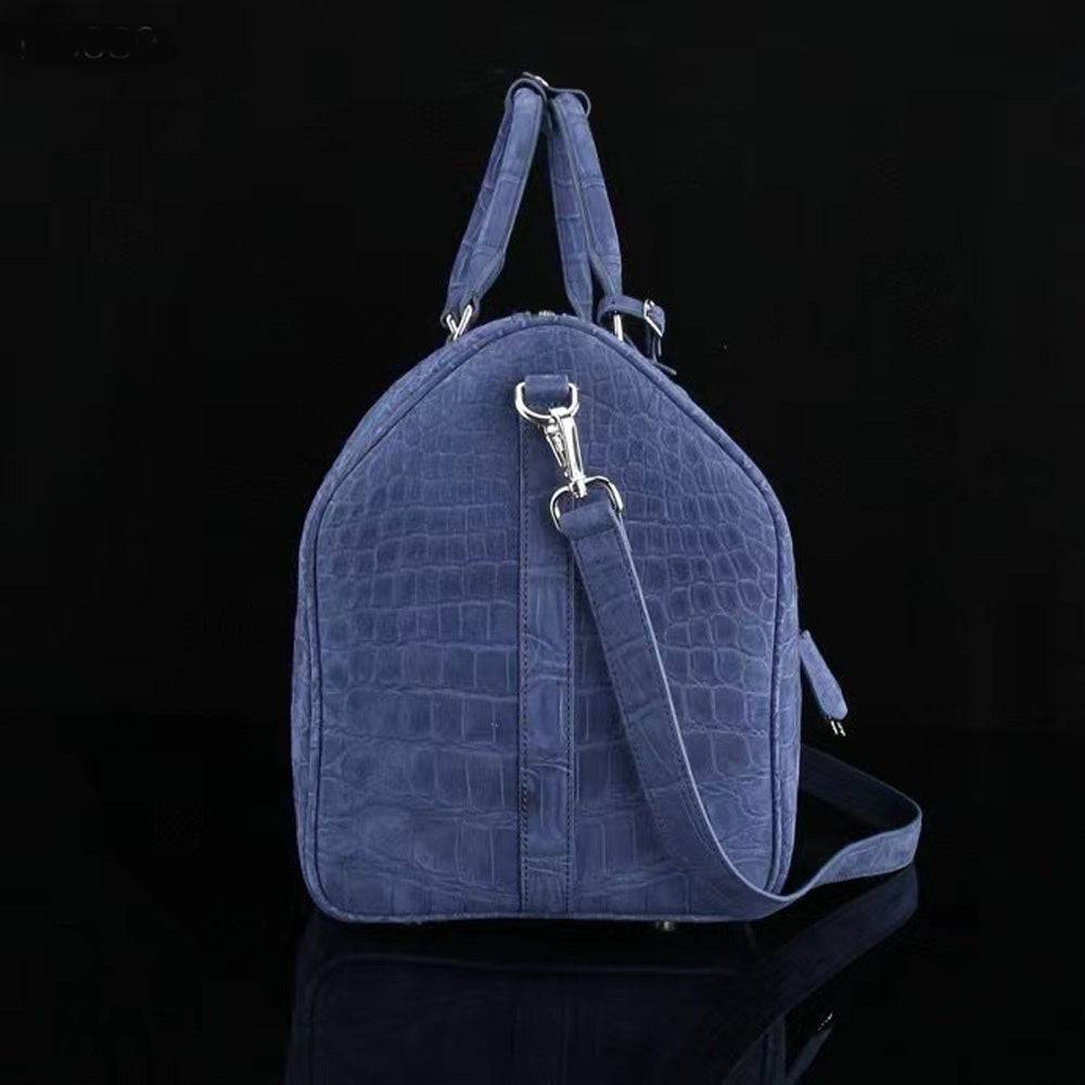 Men's Nubuck Crocodile Leather Large Travel Duffle Bag Dark Blue
