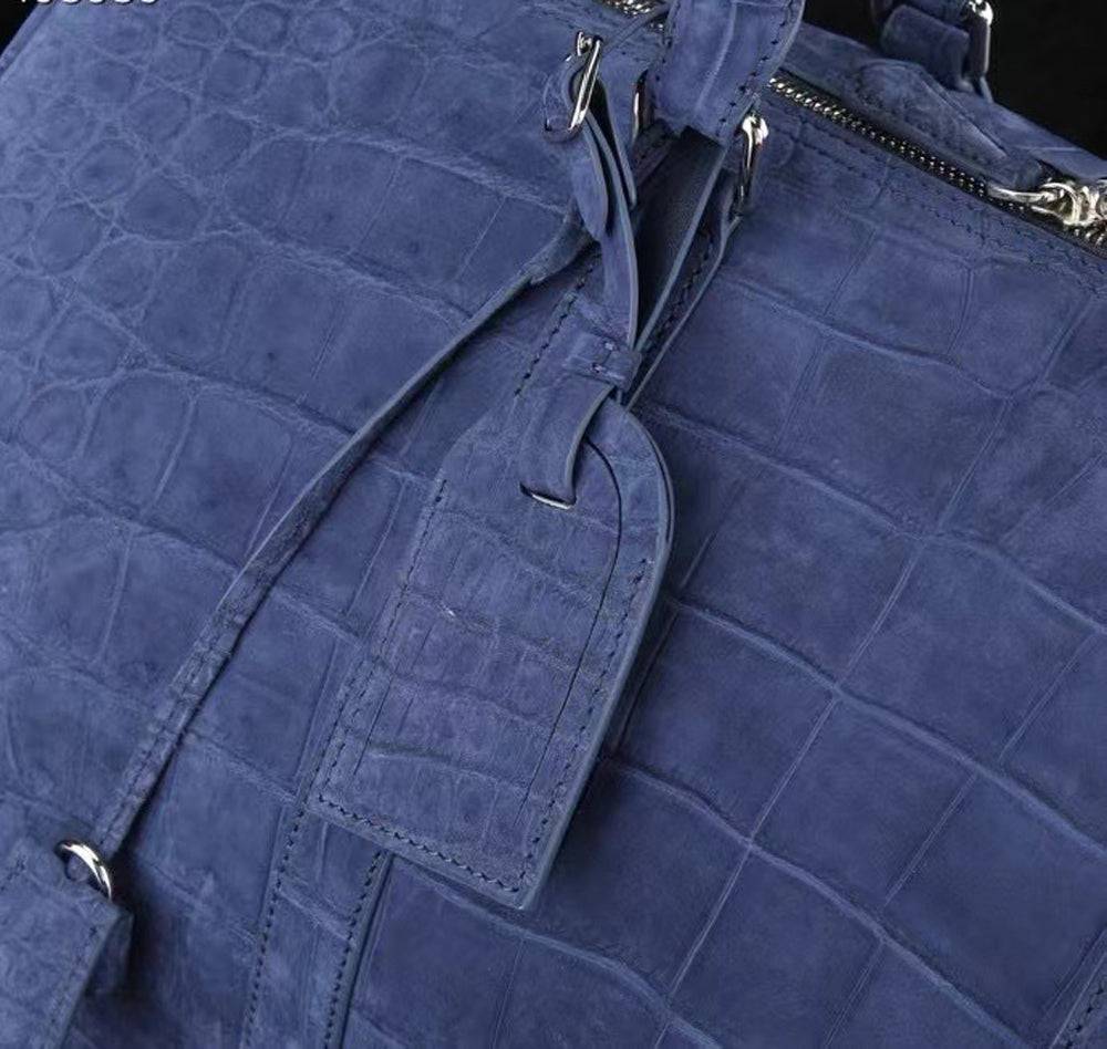 Men's Nubuck Crocodile Leather Large Travel Duffle Bag Dark Blue