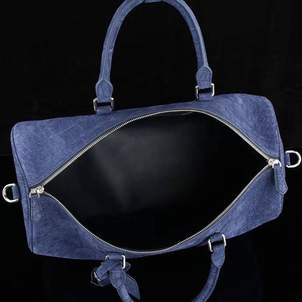 Men's Nubuck Crocodile Leather Large Travel Duffle Bag Dark Blue