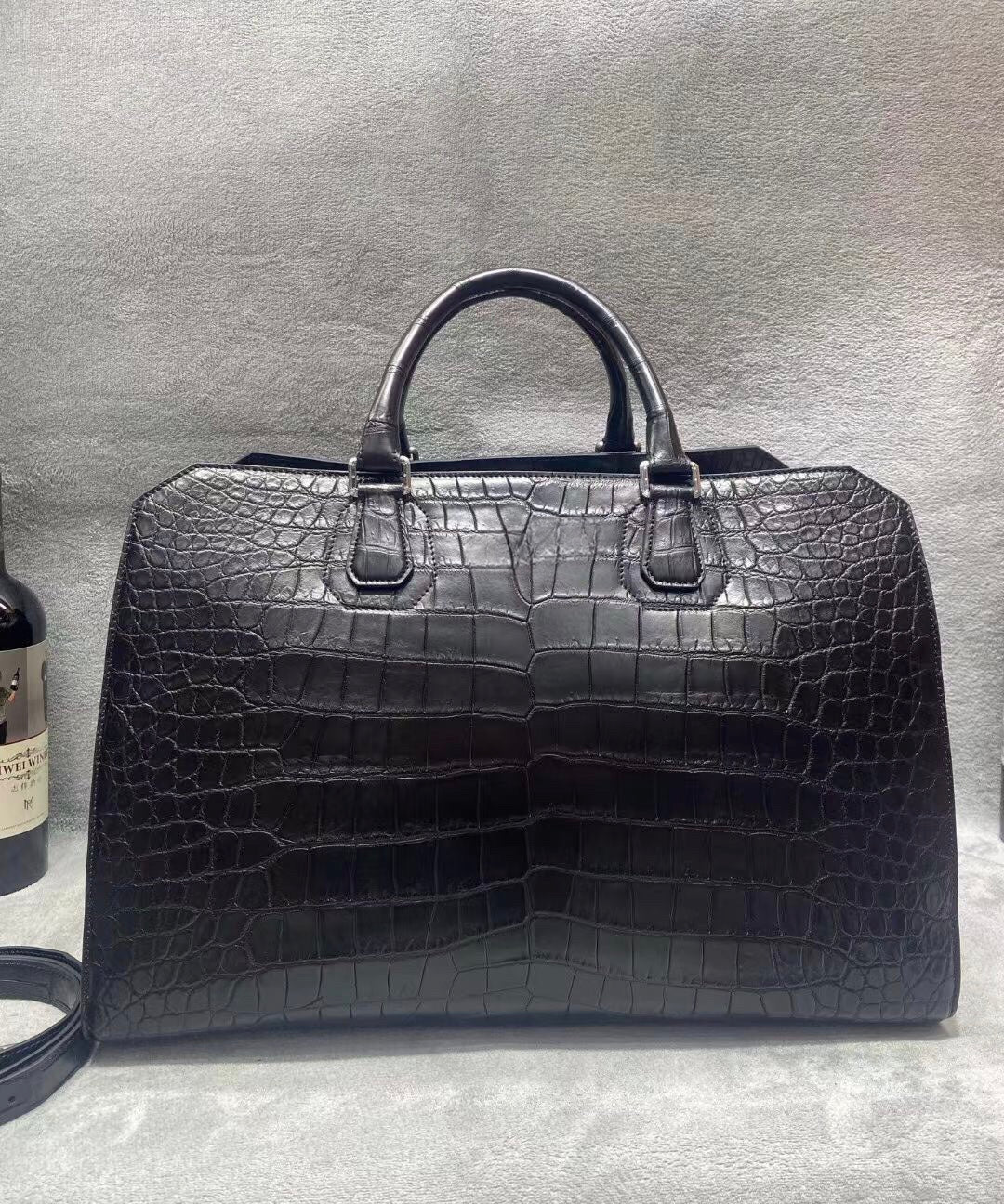Crocodile Skin Leather Travel Duffle Bag Matt Black