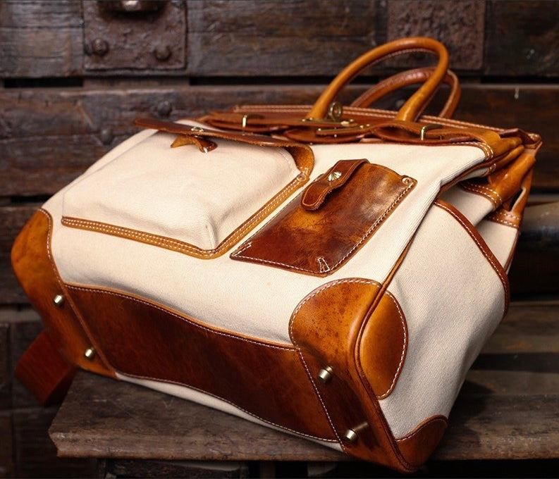 Large Rossie Viren women's genuine crocodile skin top handle canvas bag, showcasing elegant craftsmanship and sophisticated design.