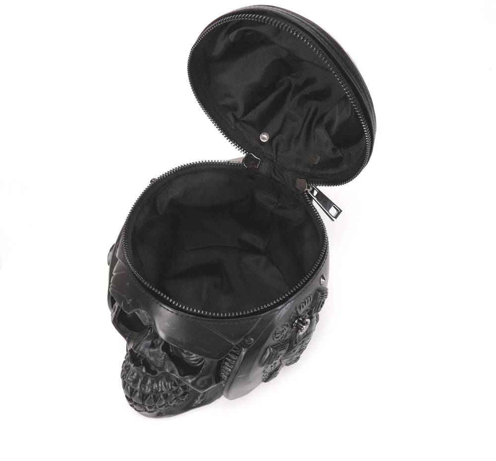 Rossie Viren 3D skull cross body bag featuring a helmet and earphone design, with a handle and shoulder strap.