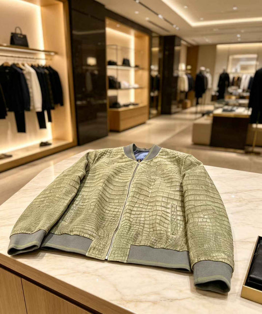 Men's Nubuck  Oliver Green Crocodile Skin Leather Jacket