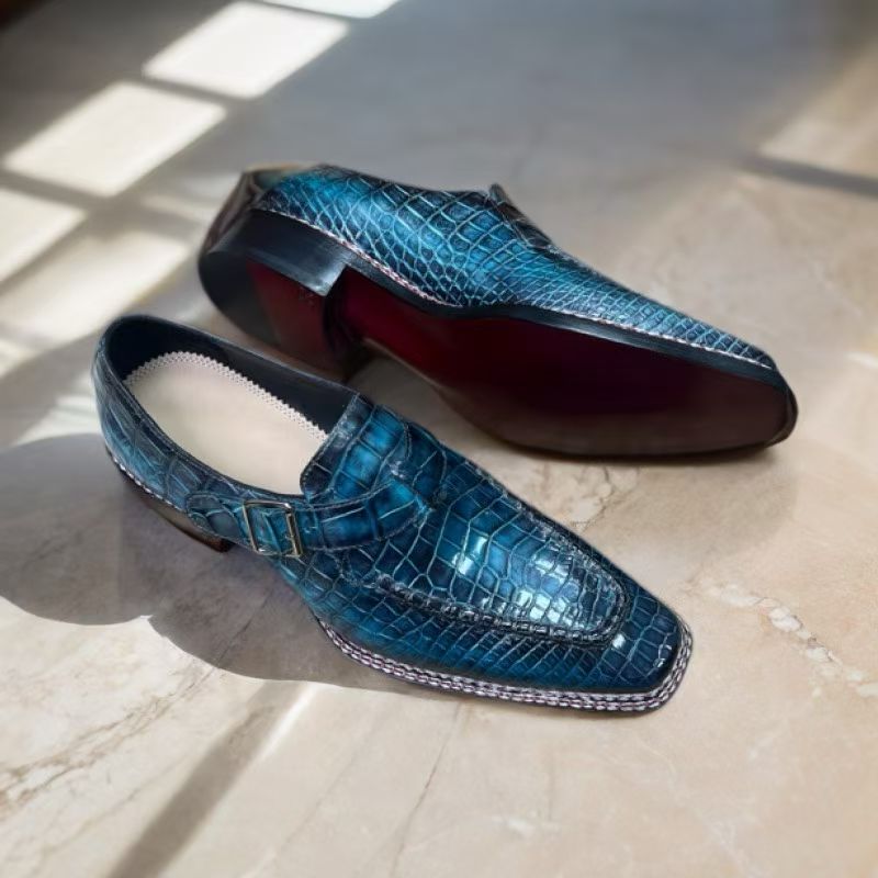 Rossie Viren crocodile leather vintage dress shoes with Norwegian sewn side buckle, stylish and elegant footwear.