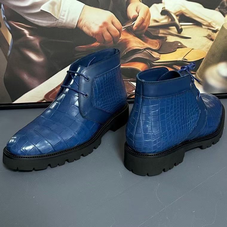 Blue genuine crocodile leather boots by Rossie Viren, stylish men's shoes with textured crocodile pattern.