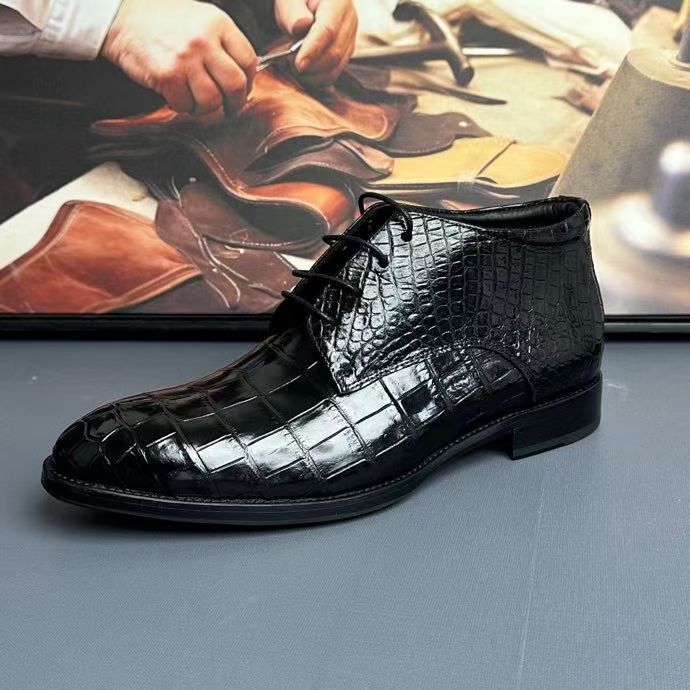 Black genuine crocodile leather boots by Rossie Viren, featuring a stylish and durable shoes design with intricate crocodile texture.