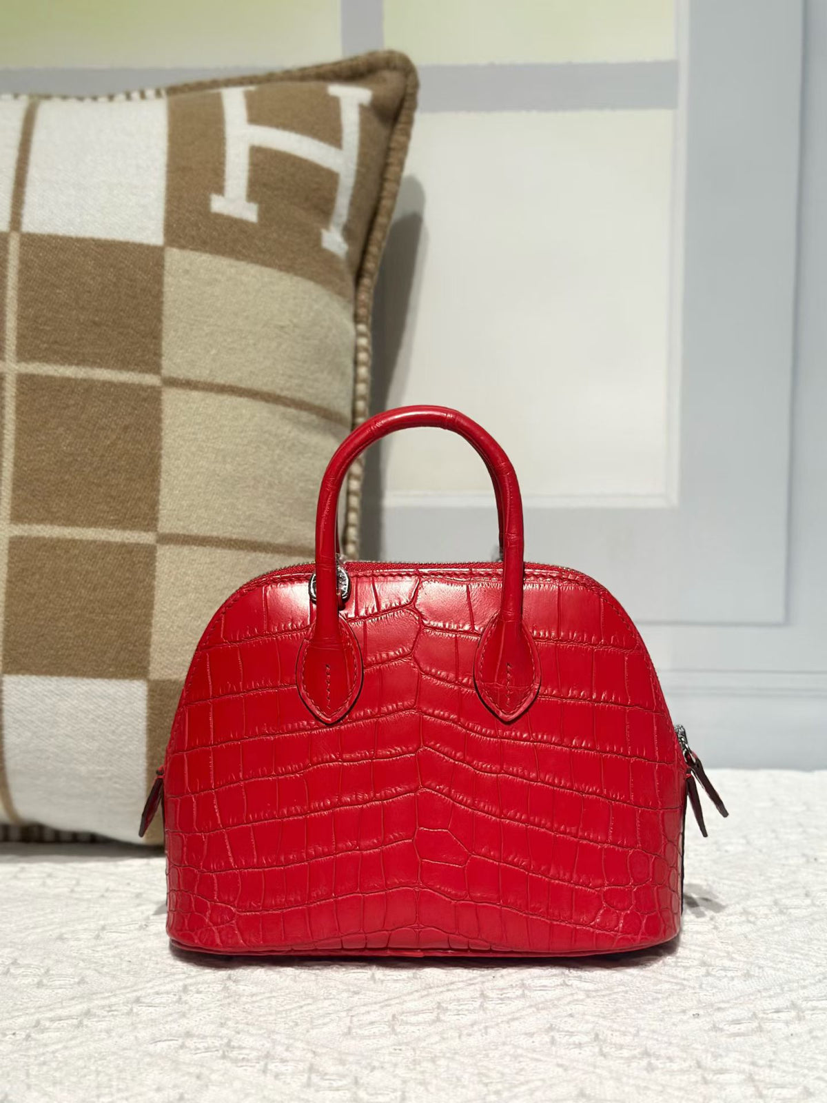 Genuine Crocodile Leather Mini Bowling Top Handle Bag Red