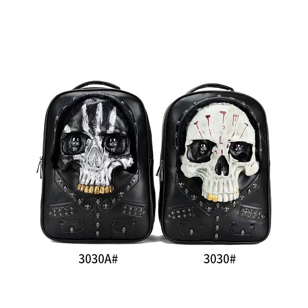 Rossie Viren 3D Skull backpack with studded design and faux hair, large laptop messenger bag featuring a bold skull graphic.