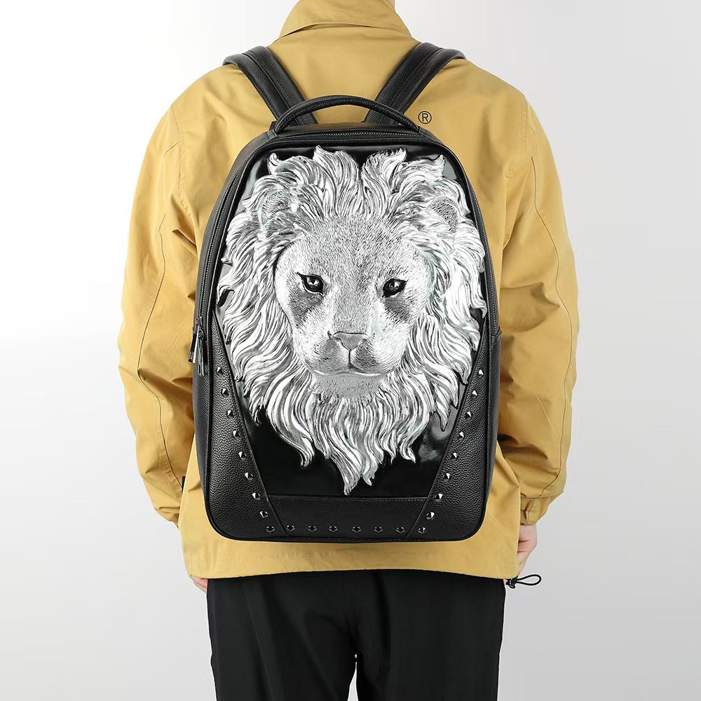 3D leather backpack by Rossie Viren featuring a detailed lion head design, suitable for outdoor travel and carrying computers.