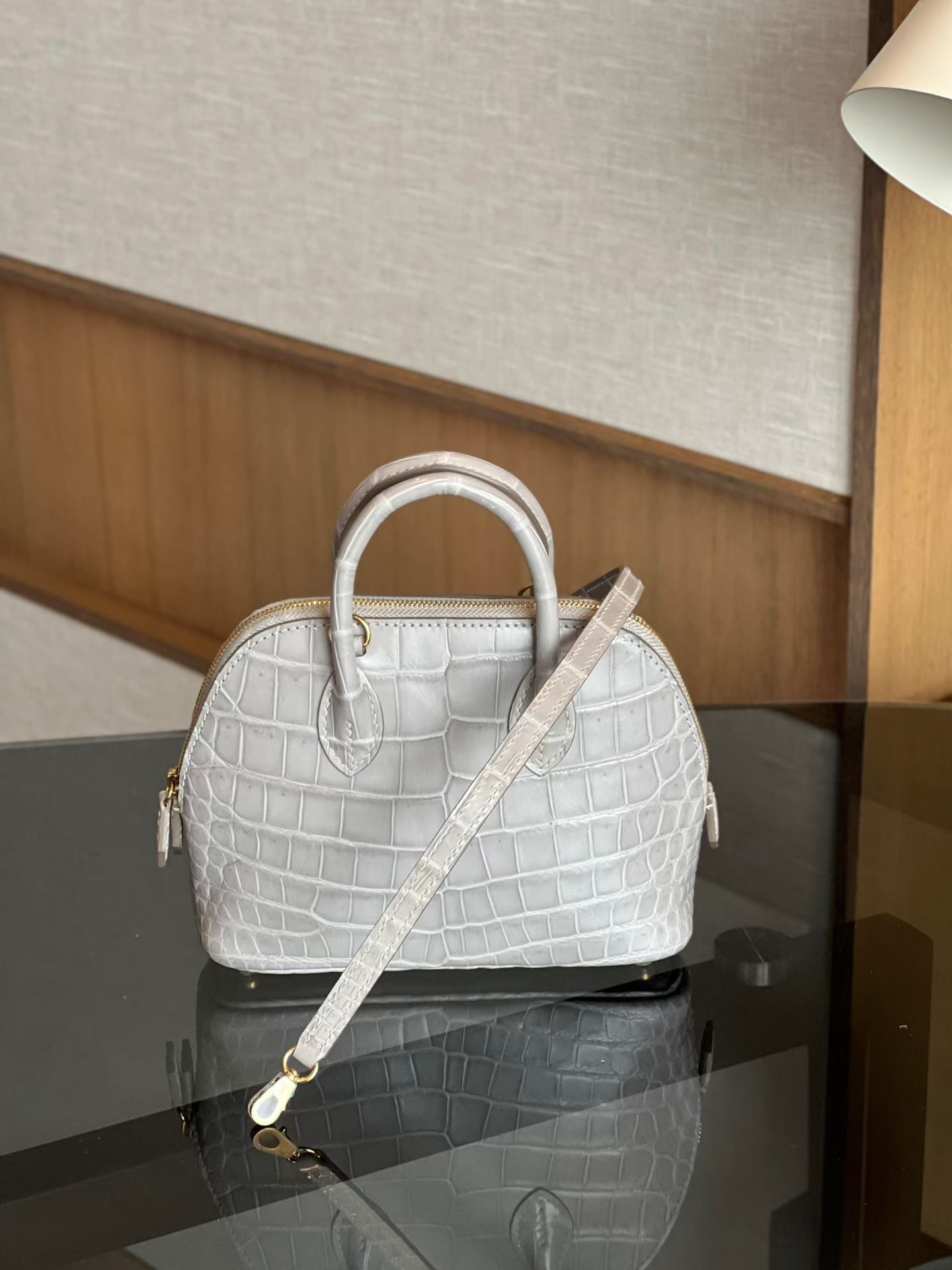 Womens Genuine Crocodile Skin Leather Cross Body Handle Bag Mini Grey